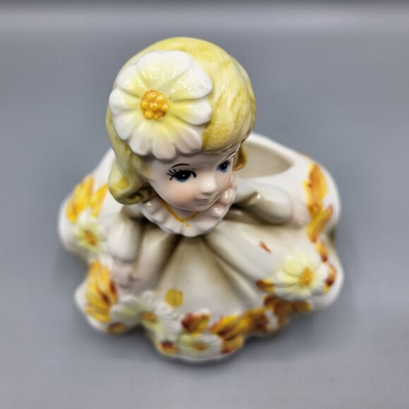 Vintage Relpo 6081 Girl Head Vase Planter Yellow Daisy Flowers Made In Japan - Picture 13 of 16